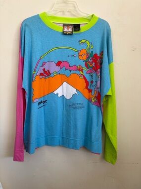 Peter Max Neon Graphic Long Sleeve Tee - Blue with Pink & Lime Accents Sz l nwot